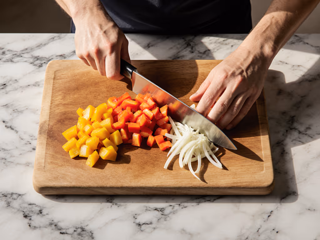 Cook preparing vegetables on a stable cutting board